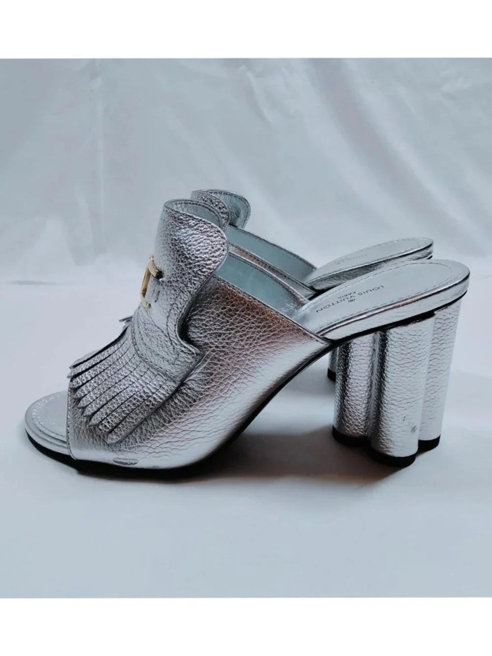 Authentic Louis Vuitton Silver Metallic Leather Fringe Mule Sandals Block Heels